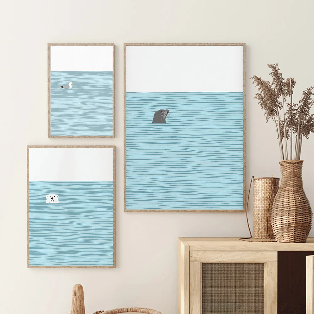 Surfer Girl Wall Art Canvas Painting Seagull Polar Bear Floating Ocean Beach Poster And Print Wall Picture For Living Room Decor