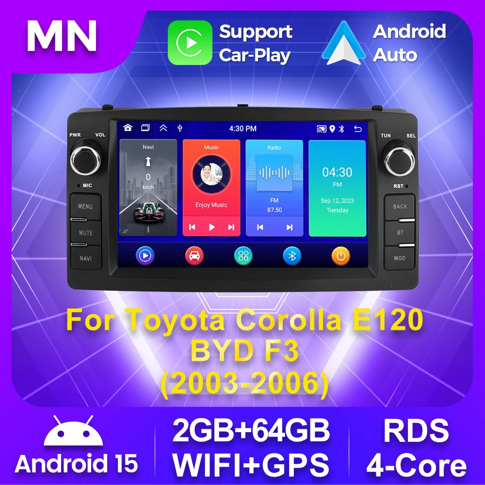 Android 15 GPS RDS Stereo For Toyota Corolla E120 2003-2011 Car Radio Multimedia Video Player Wireless Carplay WIFI Touch Screen