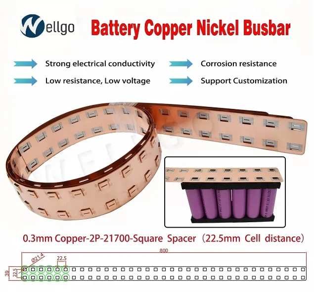 3PCS OEM 21700 Copper Nickel Busbar Lithium Battery Busbar Connectors 2P Square Spacer 22.5mm Spacing Copper Busbars