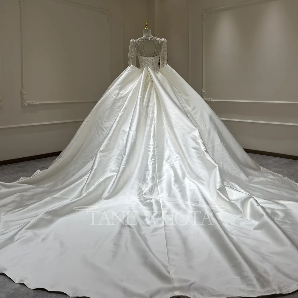 Abito da sposa Scollo alto staccabile Manica lunga Con lacci Buco della serratura sul retro Perline con paillettes Abito da sposa con perle di raso