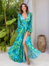2025 Traje de baño de una pieza con estampado verde jungla de manga larga para mujer y falda Traje de baño para mujer Traje de baño de verano