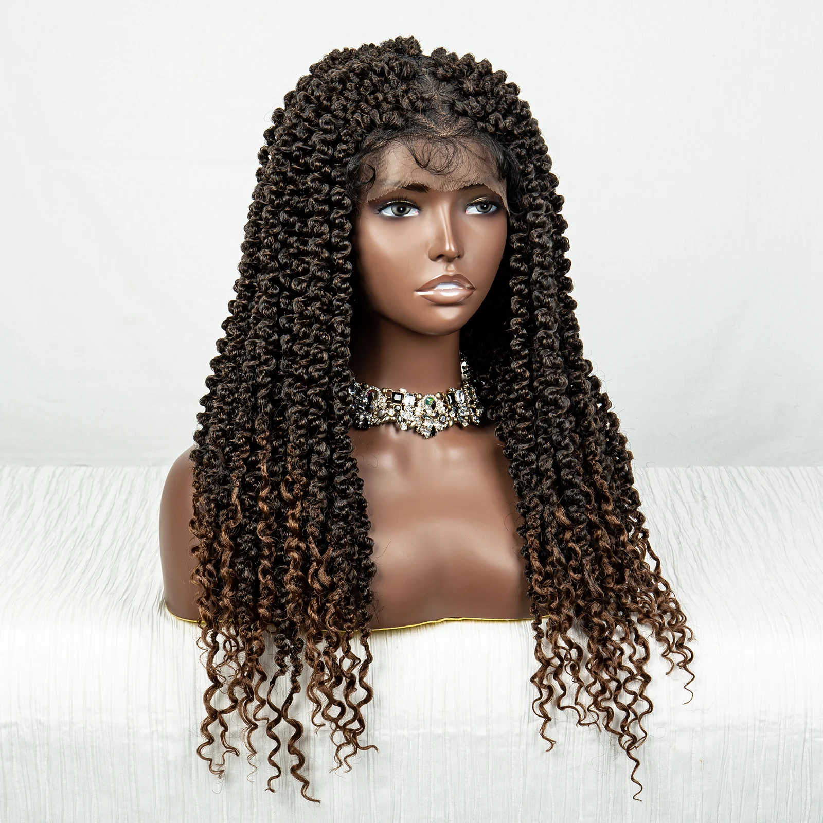 Hightlight Curly HD Full Lace Braided Wigs Synthetic Knotless Box Braids Wigs with Baby Hair for Women Braided Lace Front Wigs