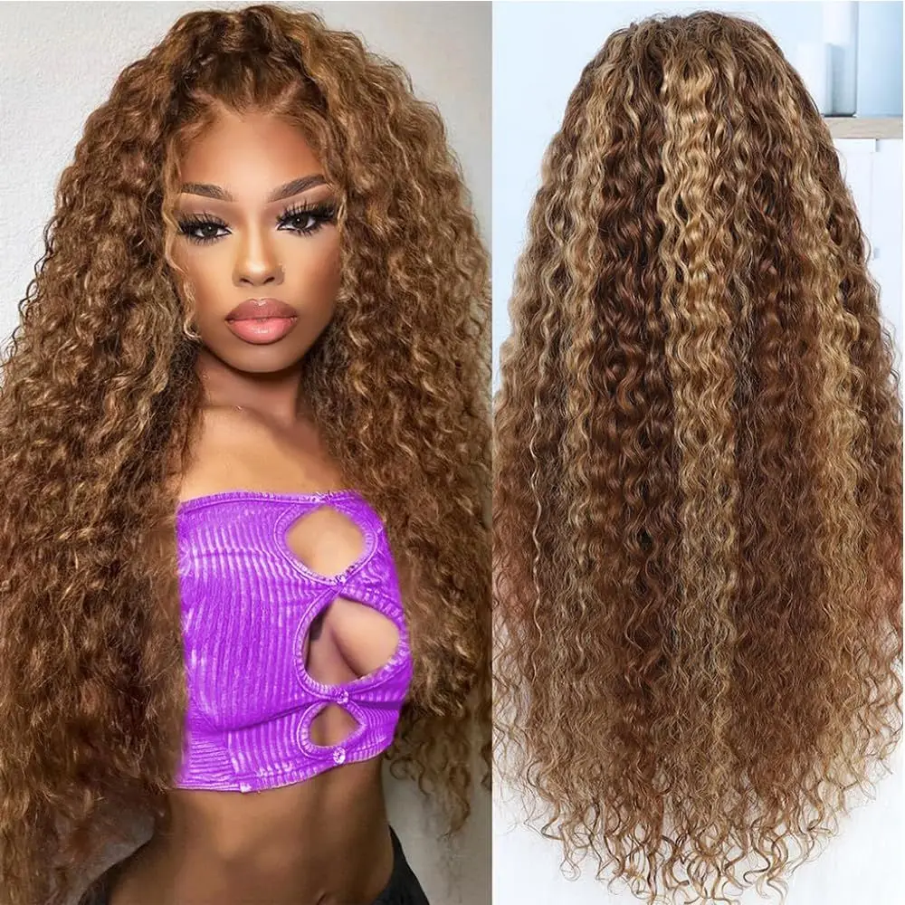 

30 Inch Highlight 13x6 Lace Front Wigs Human Hair 180% Density Honey Blonde 4/27 Deep Wave human hair lace frontal wig for Women