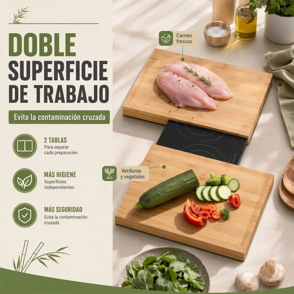 Set de 2 Tablas de Cortar de Bambú Natural para Cubrir Vitrocerámica y Encimera, Protector de Cocina Multiusos de 54x56x4cm, Superficie Resistente para Preparación de Alimentos