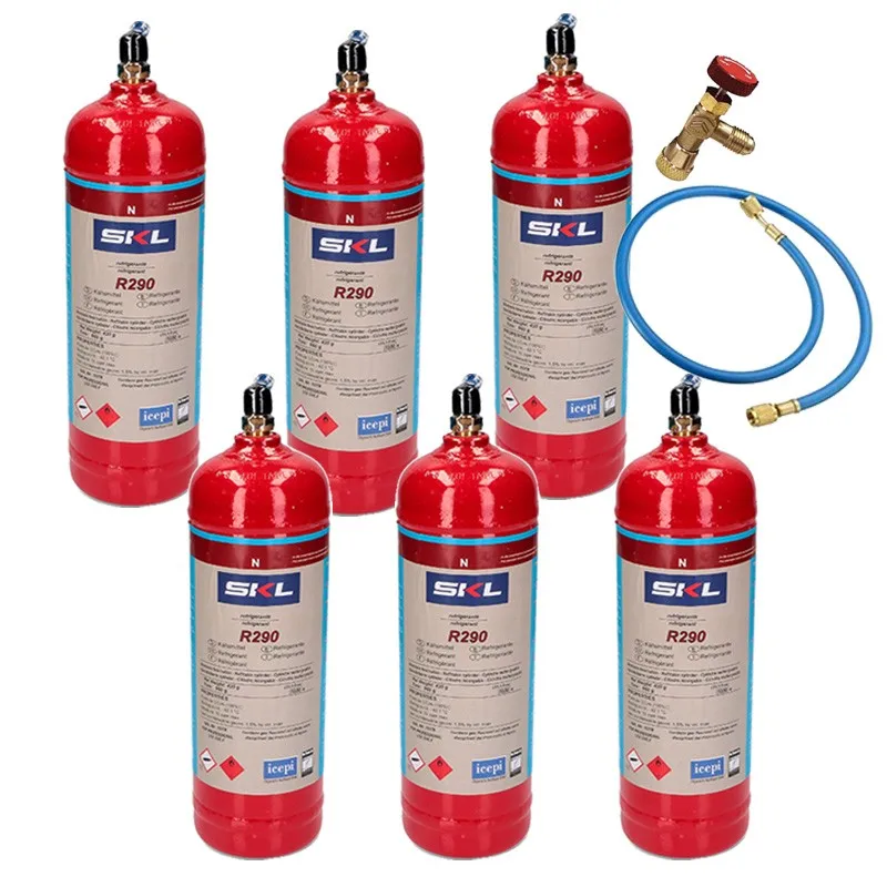 6 bottles refrigerant Gas R290 + hose + valve 370Gr propane