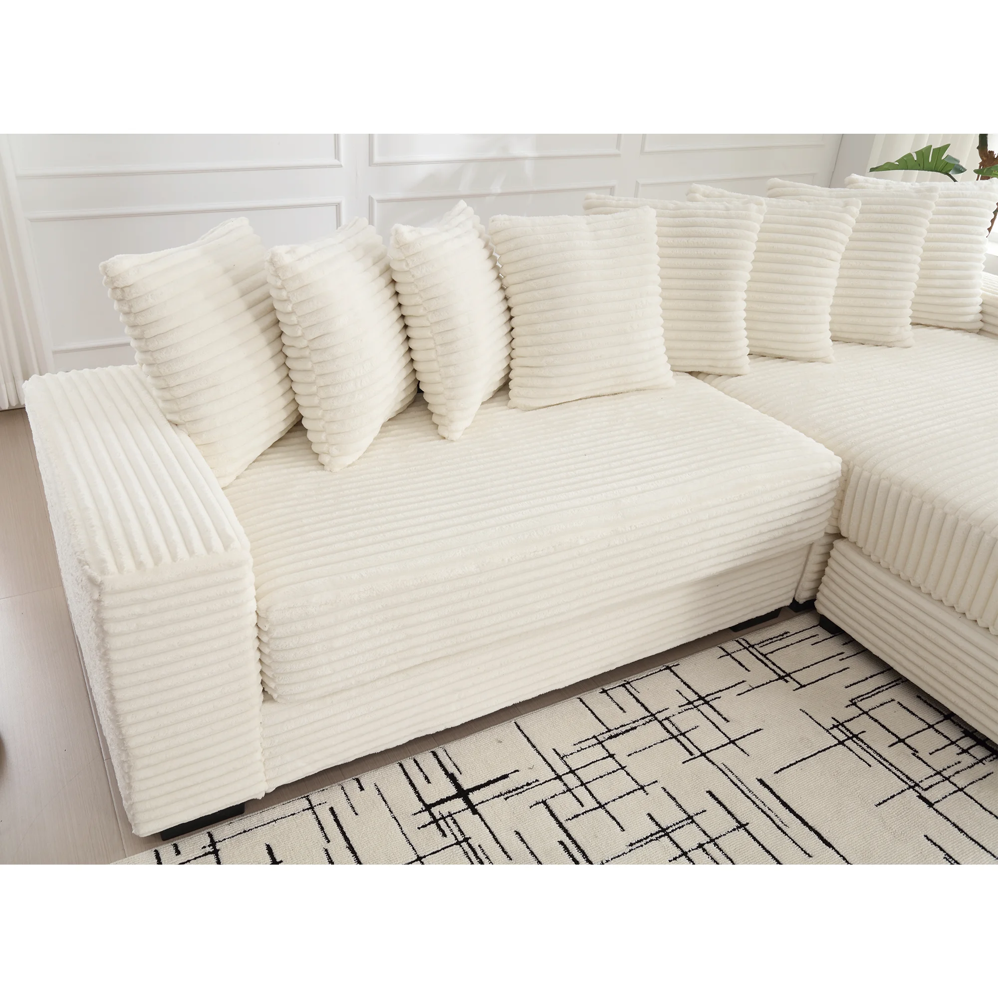 2025 new model Oversized Two-Piece L-Shaped Sofa, Corduroy, Right Chaise Daybed, Armrests, 8 Throw Pillows, Corner Sofa