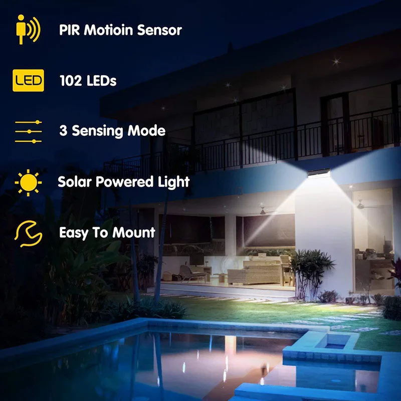 Led solar poderosa luz sensor de movimento ao ar livre luz de parede à prova dwaterproof água super brilhante holofotes para a porta da frente