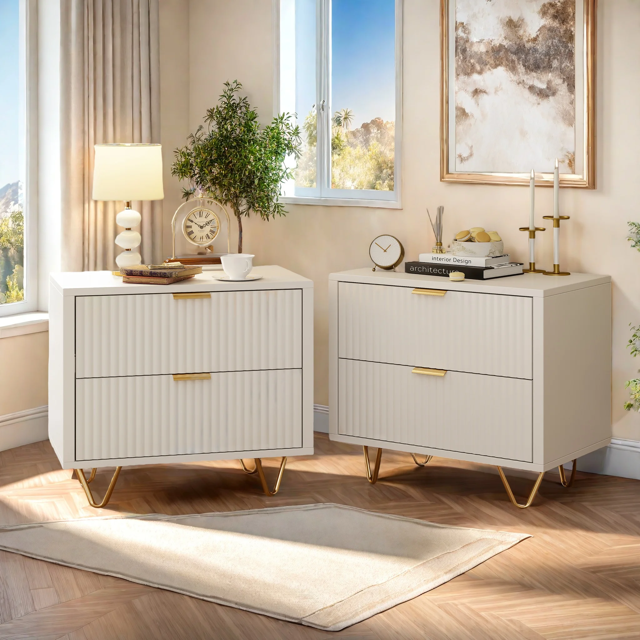 Ensemble de 2 tables de chevet modernes, table basse/table de nuit avec 2 tiroirs et pieds en métal, blanc, 40 x 40 x 55 cm