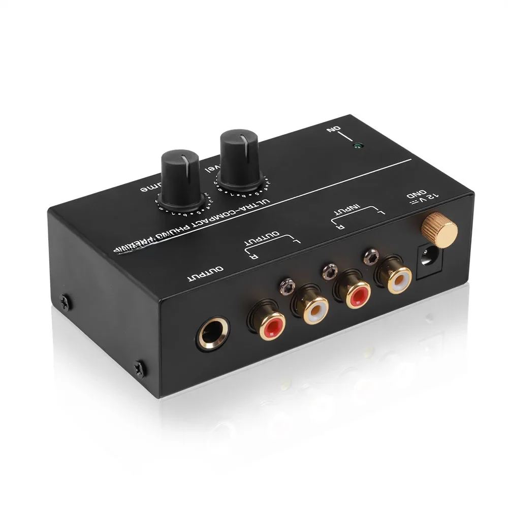 Préampli Phono Ultra-compact, préamplificateur avec contrôle du Volume de niveau, entrée 2xRCA, sortie 2xRCA, Interface de sortie TRS 1/4 pouces