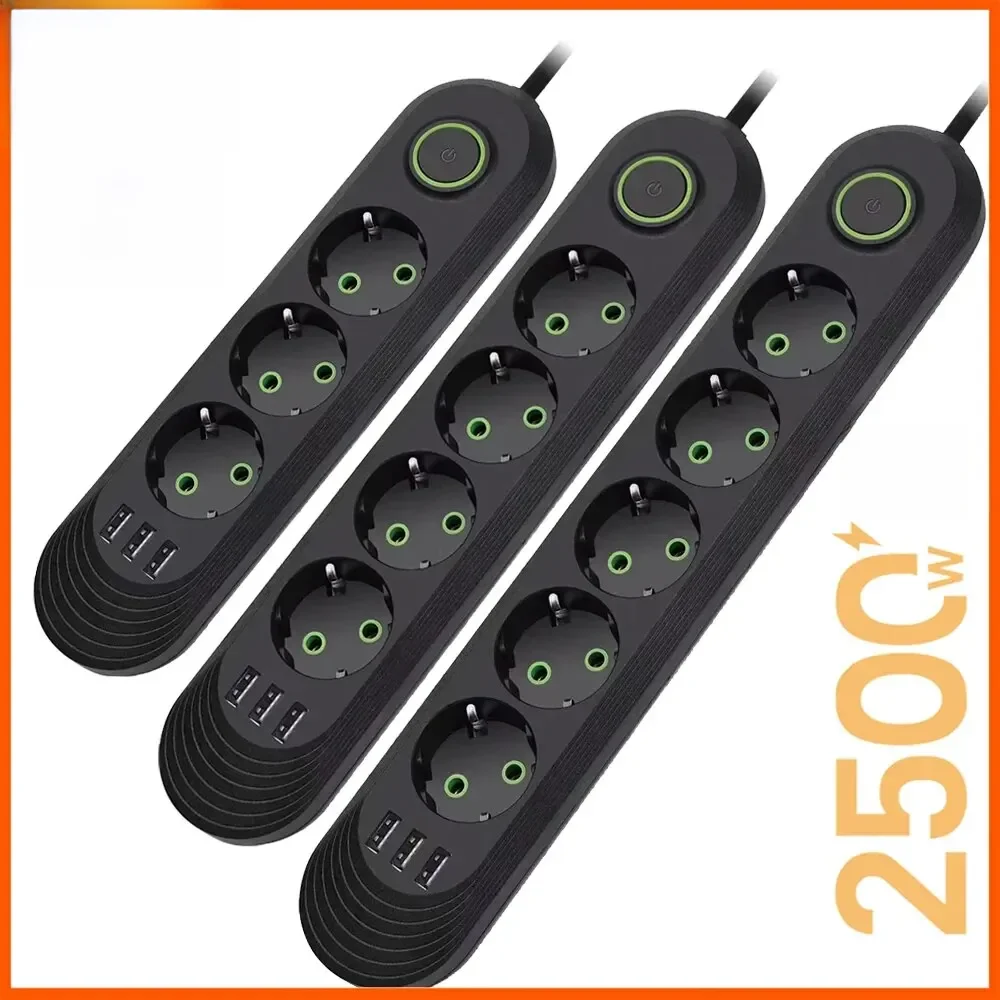 Faixa Multiprise Power com Portas USB, 2500W, Ficha EU, Tomada AC, Cabo de Extensão, Tomada