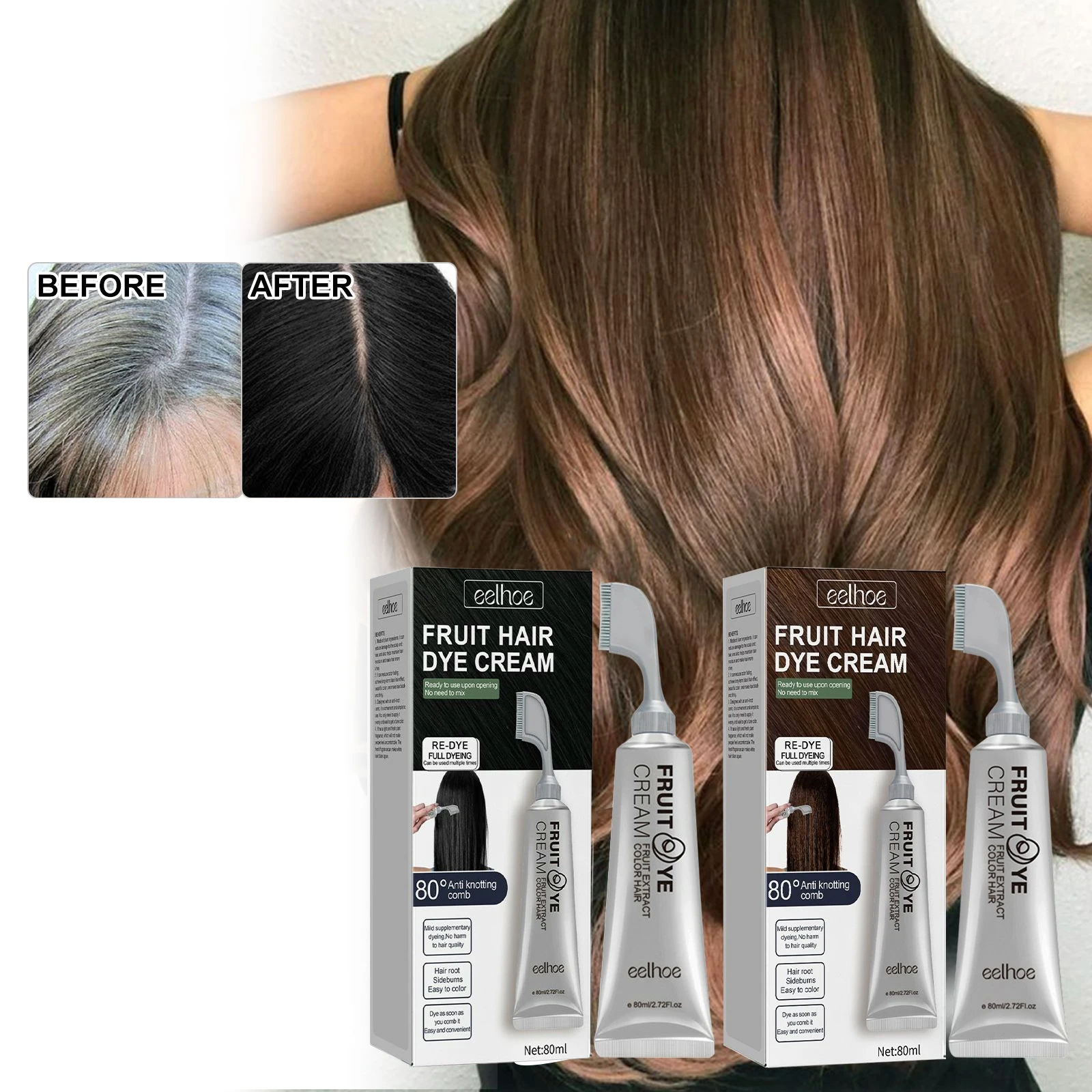 

Eelhoe Black Hair Hairdressing Cream No Scalp Damage Reduced Color Loss No Fade Shining Beautiful Fruit Vegetable Hair Dye 80ml