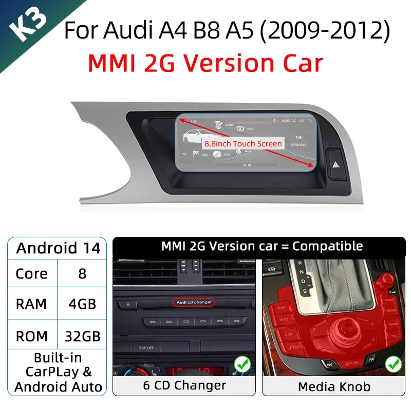 Android 14 Wireless Carplay Auto Radio For Audi A4 B8 A5 2008-2017 GPS Car Radio IPS Touch Screen Multimedia Android Auto BT DSP image 3