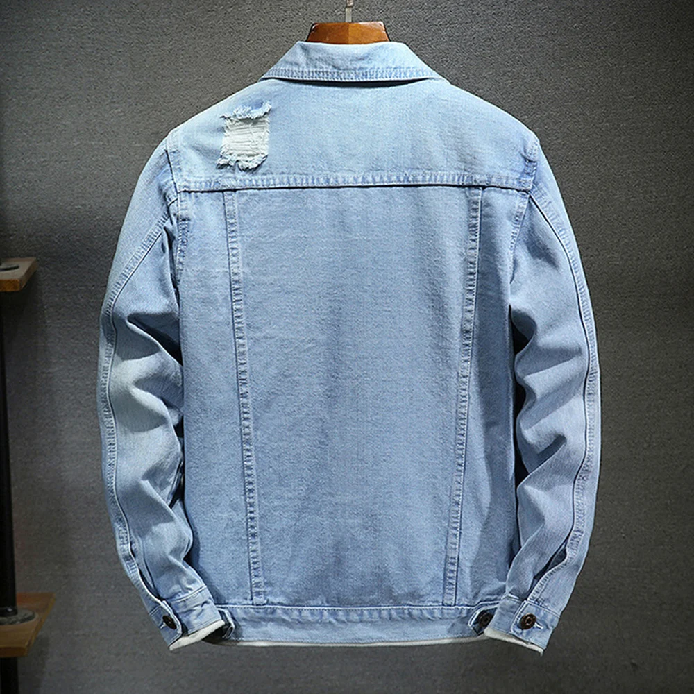 Men's Light Blue Denim Jacket Vintage Jean Jacket Casual Button Up Jacket Classic Streetwear Spring Autumn