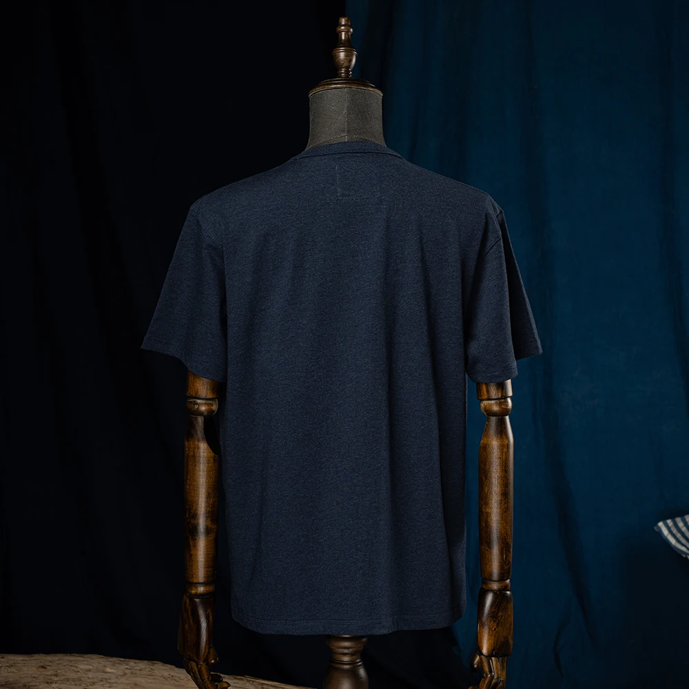 2025 New Summer Vintage Cotton Casual T-Shirt Men Navy Blue Short Sleeve T-Shirt Basic Soild Round Neck Pocket T-Shirt