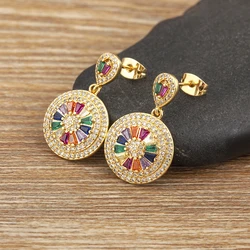 Nidin Classic New Design Round Shape Charm Stud Earrings For Women Pave Shiny Colorful Zircon Jewelry Accessories Luxury Gifts