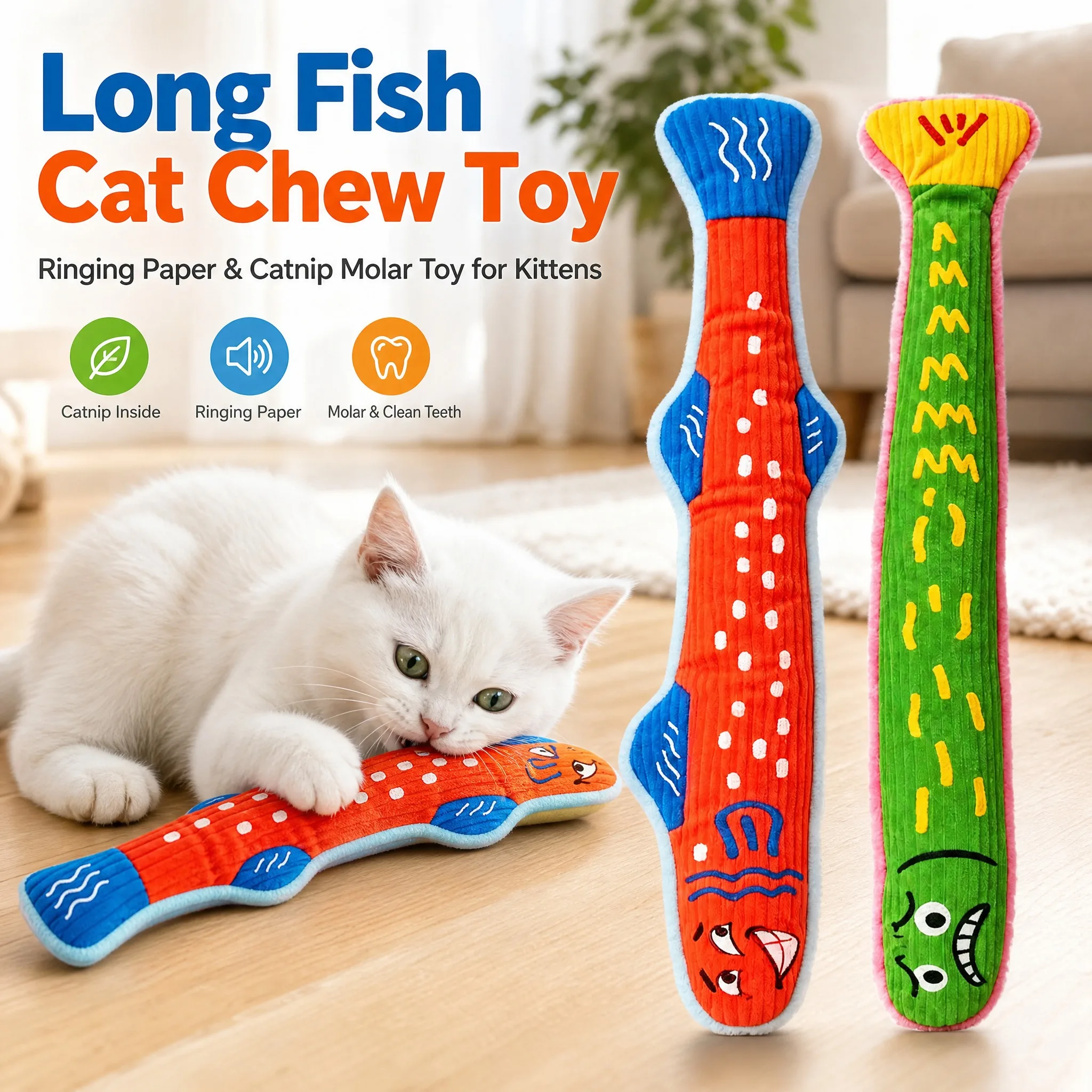 Lustige Katzen-Kauspielzeuge, raschelndes Papier, Katzenminze, Kauspielzeug, langer Fisch, Katzenspielzeug zur Interaktion, Mundreinigungsspielzeug für Kätzchen, Haustierbedarf