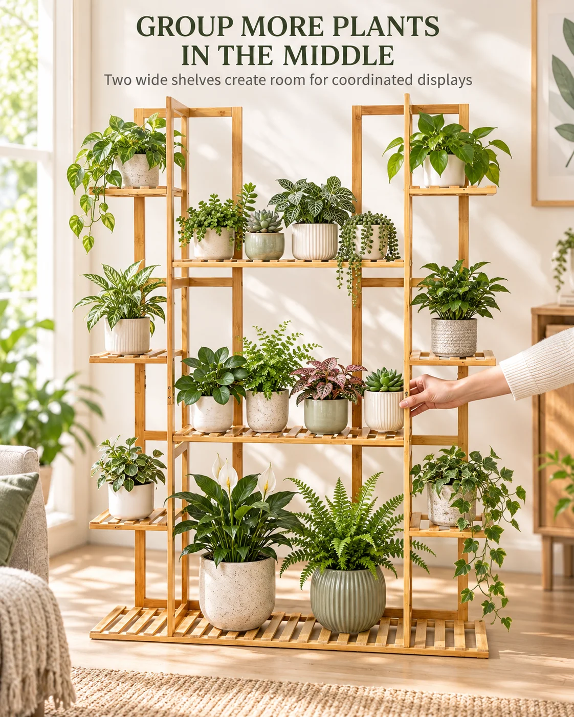 Multi-Tier Bamboo Plant Stand 48in Tall Wooden Flower Pot Display Shelf for Indoor Living Room Balcony Corner