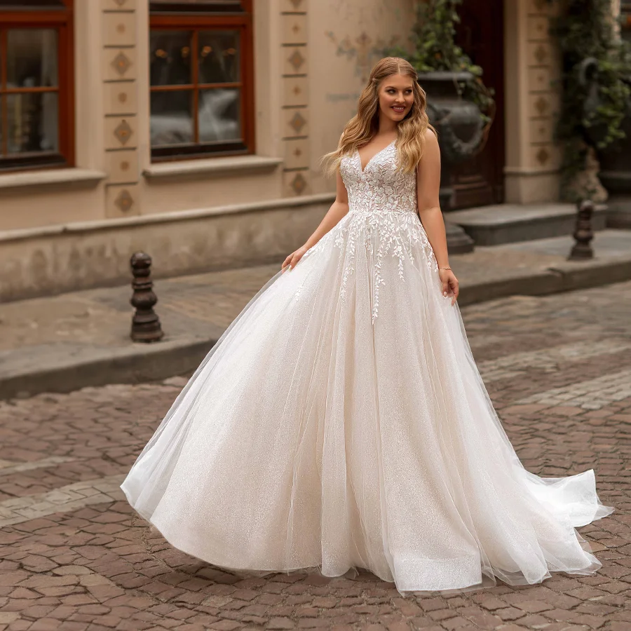 

Sparkling Sequin Tulle Wedding Dress with Watteau Train And Applique Straps Glamorous Plus Size with Daring Deep V-neckline