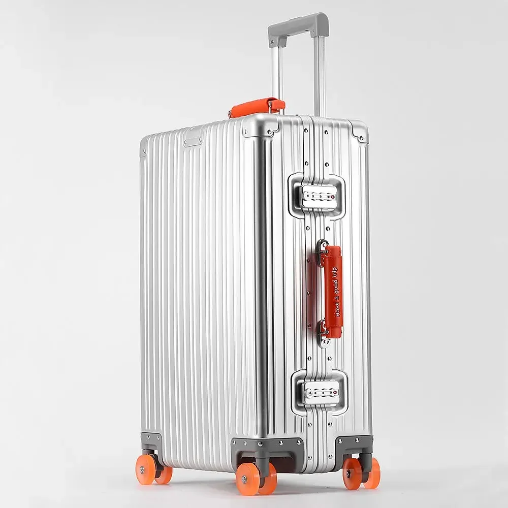 Neuer Koffer aus Aluminium-Magnesium-Legierung mit Spinnerrad, TSA-Schloss, Ledergriff, 20/24/29 Zoll, Reisetasche, Rollgepäck