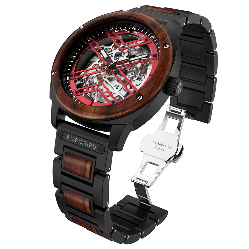 ساعة ميكانيكية أوتوماتيكية BOBO BIRD قمة الموضة الفاخرة للرجال ساعة يد معدنية خشبية ساعة هدية رائعة شعار صندوق مخصص reloj hombre