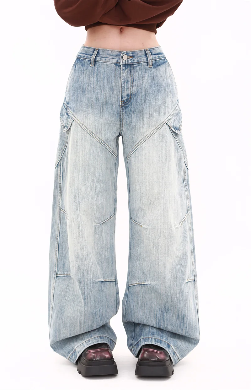 

Женские синие джинсы с переплетенной сумкой, свободные прямые брюки с низкой талией, американские уличные широкие брюки с широкими штанинами, модные шикарные брюки