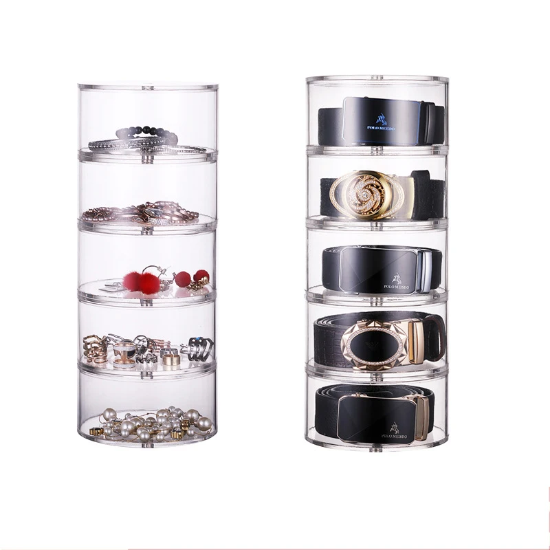 1-5Tier Clear Acrylic Belt Organizer Box Watch Dust Box Cylindrical Stackable Storage Box Closet Tie Strong Magnetic Storage Box