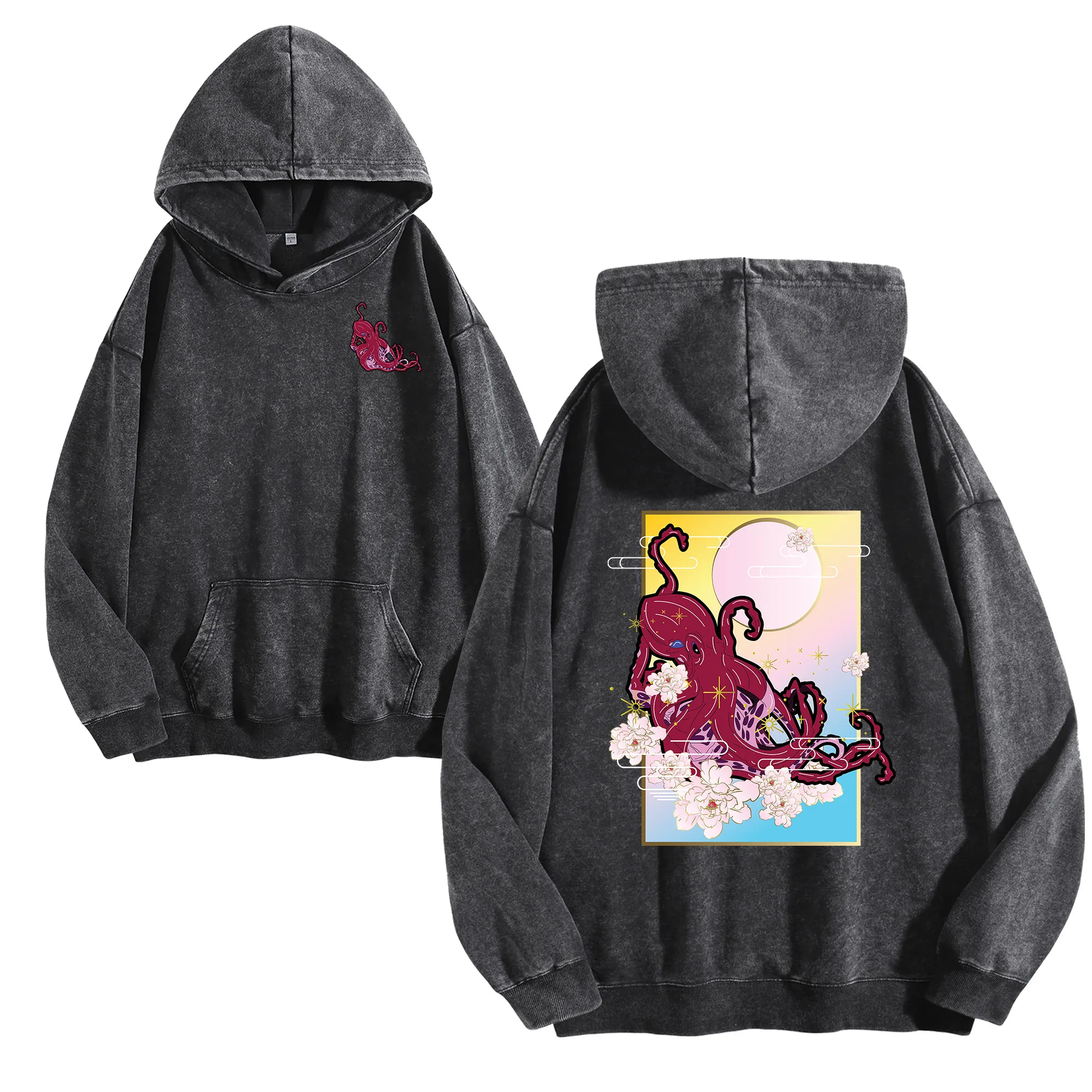 الأخطبوط العملاق على الوجهين طباعة 400G خمر غسلها هوديي للجنسين المتضخم الشارع الشهير البلوز مجموعة الخريف/الشتاء #1