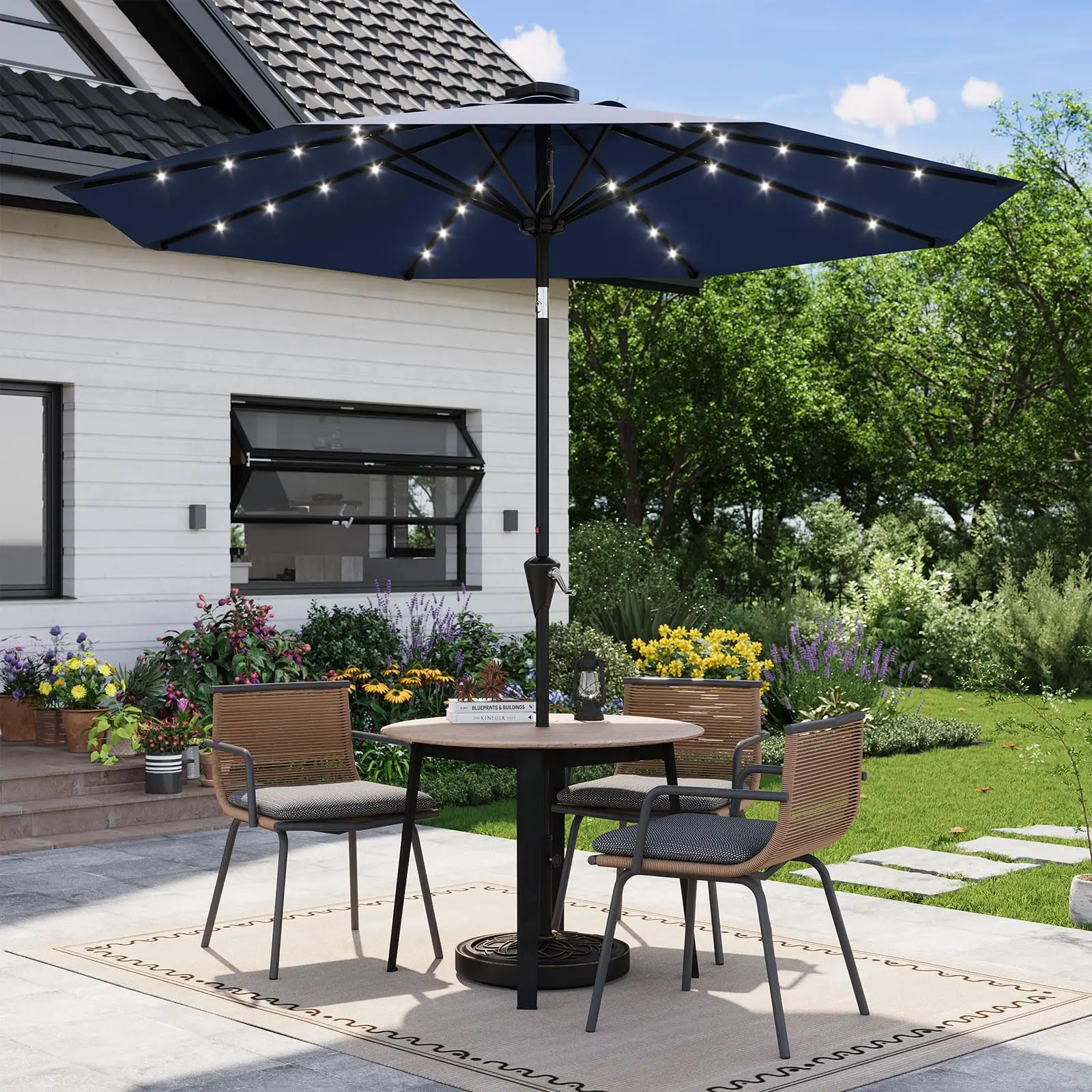 9FT Solar Patio Umbrella with 32 LED Lights - Waterproof Outdoor Market Umbrella with Crank Lift & Push Button Tilt, Sturdy 8-Rib Iron Frame & Vented UPF 50+ Sun Protection Canopy for Deck, Garden