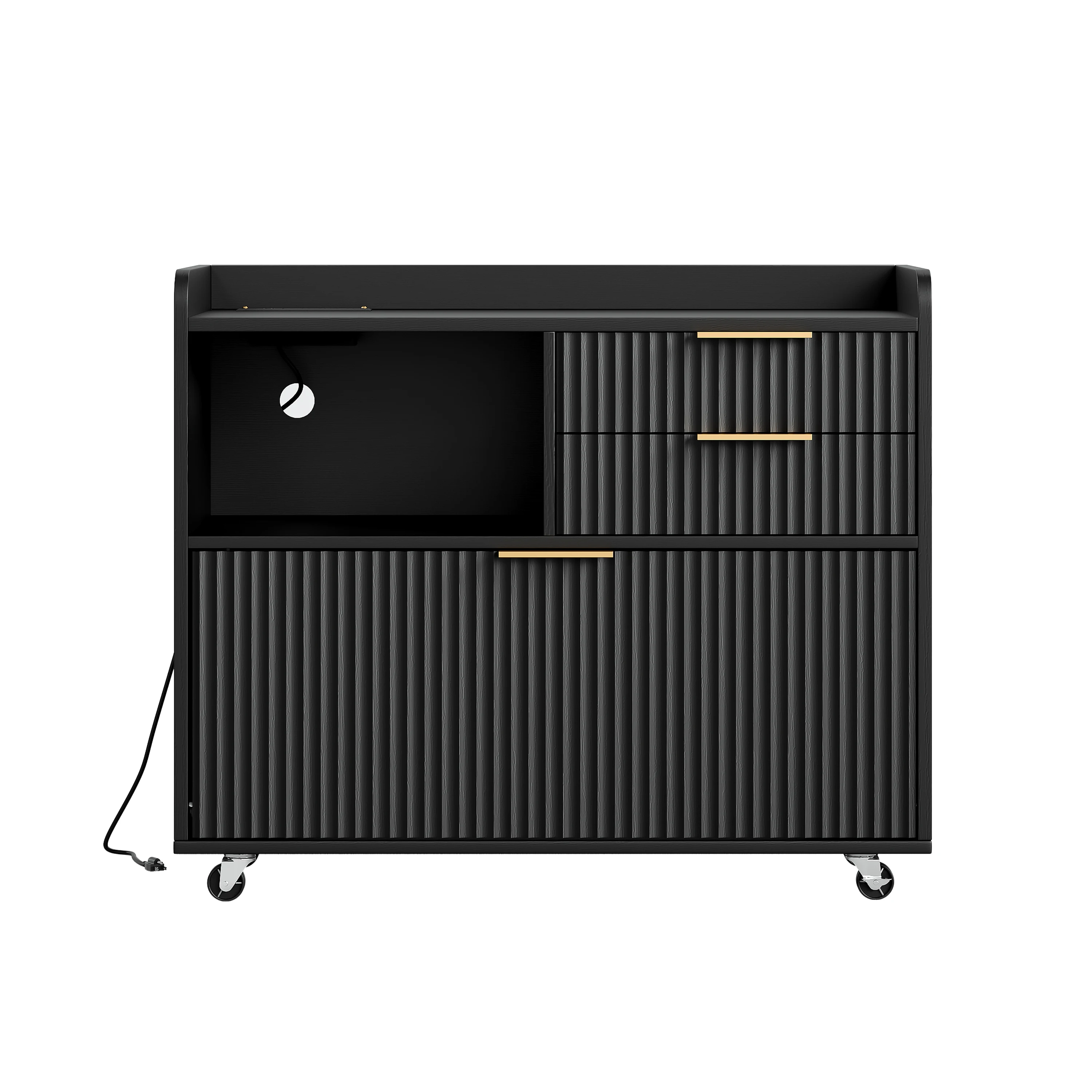 Mobile Office File Cabinet with Charging Station 3 Drawer Rolling Storage Cart with Open Shelf Fluted Texture for Home Office