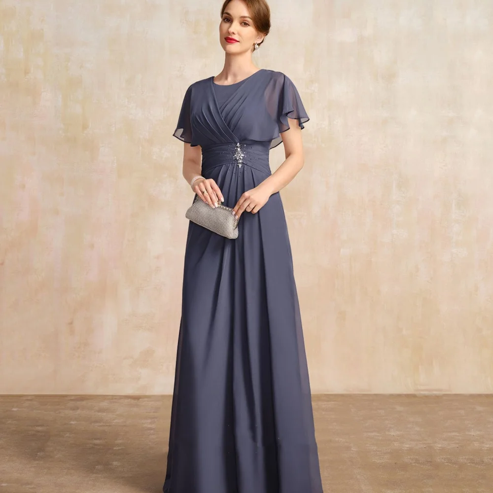 

Customized A Line Mother of Dresses Elegant Crystal Short Sleeve Formal Evening Gown O Neck vestido invitada boda