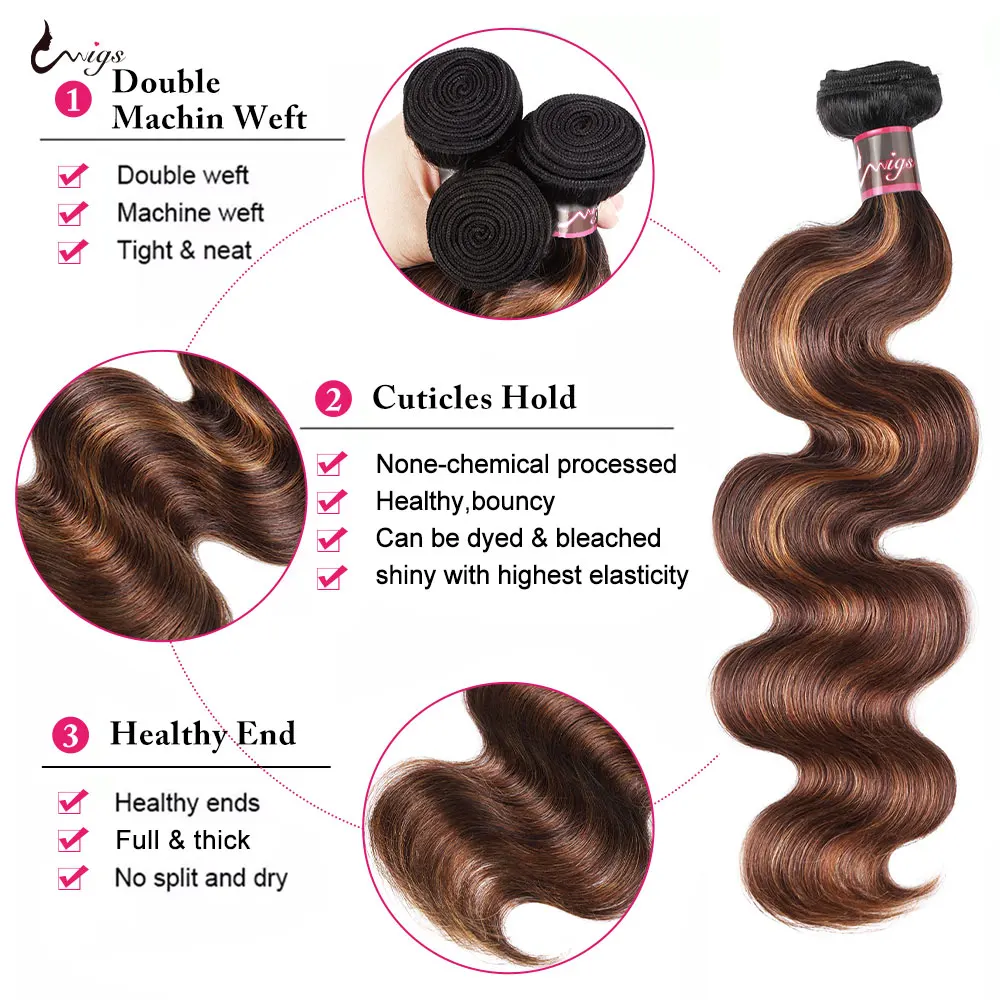 FB 30 Body Wave Bundles With Closure Highlight Brazilian Human Hair Extension Bundles With 4x4 Closure Ombre Brown Bundles Hair