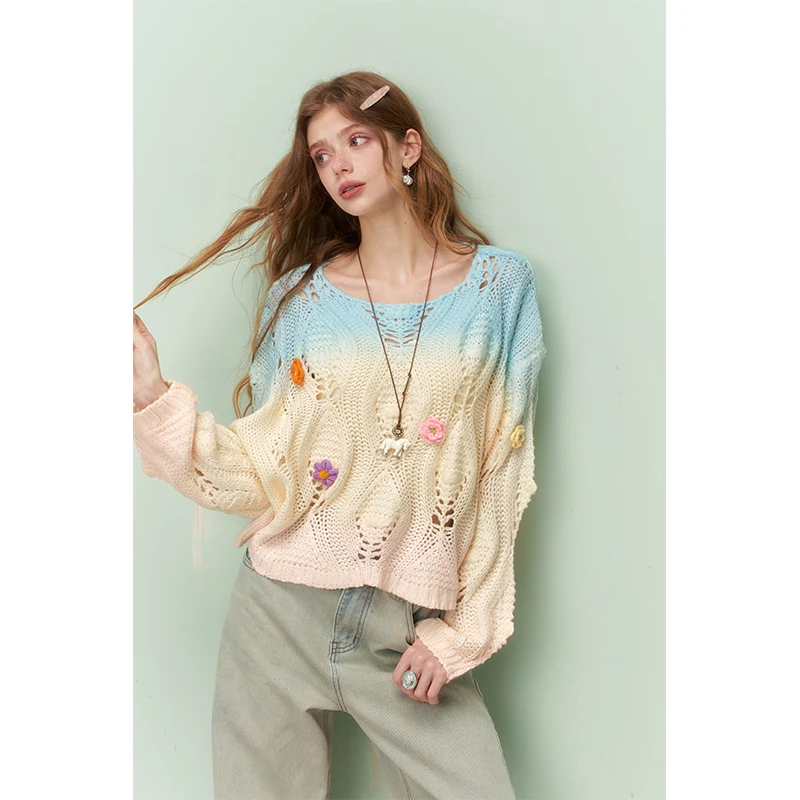 ELFSACK Gradient Dip-Dye Knit Sweater with 3D Crochet Floral Appliqué, Romantic Sheer Diamond Mesh Soft Fuzzy Top for Women