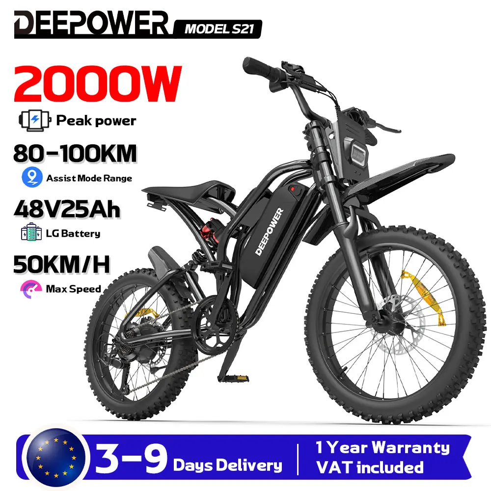 Vélo électrique DEEPOWER S20 1500W, moteur S21 2000W, batterie 48V 25AH, pneus larges 20×4.0, vélo tout-terrain, double amortisseurs, stock UE