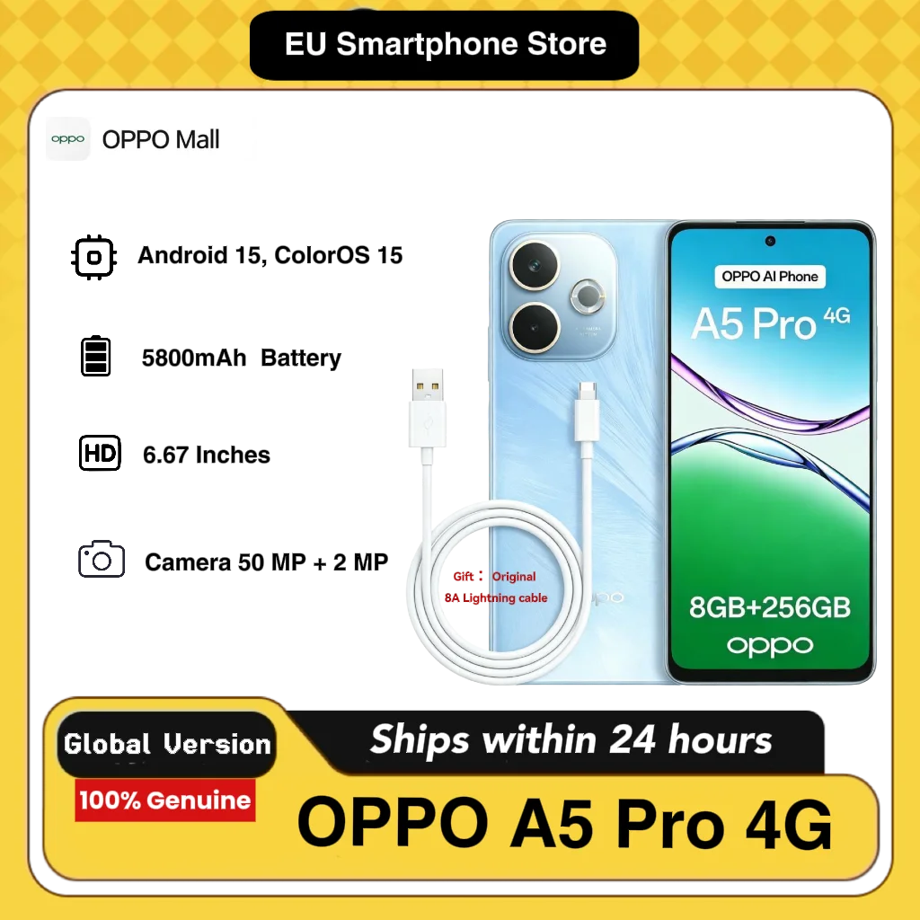 Teléfono OPPO A5Pro 4G con IA, 8GB+256GB LTE, Versión Global, Desbloqueado, Sistema ColorOS 15, Batería de Gran Capacidad de 6000mAh, con cable de carga 8A 3