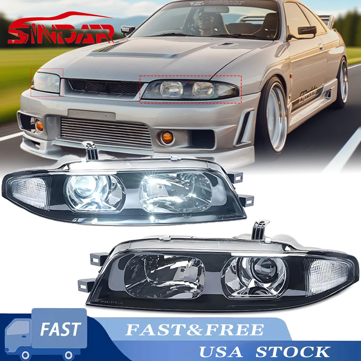 

SINDAR 2Pcs Pair LED Headlight Assembly For Nissan Skyline R33 GTS GTST S1 1993-1995