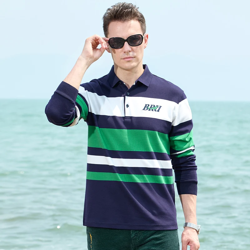 Bruce&Shark New Winter/Autumn Men's Striped Polo Thicken Stretch Cotton Casual Fashion Embroidery Men Tops Clothing Long Sleeved