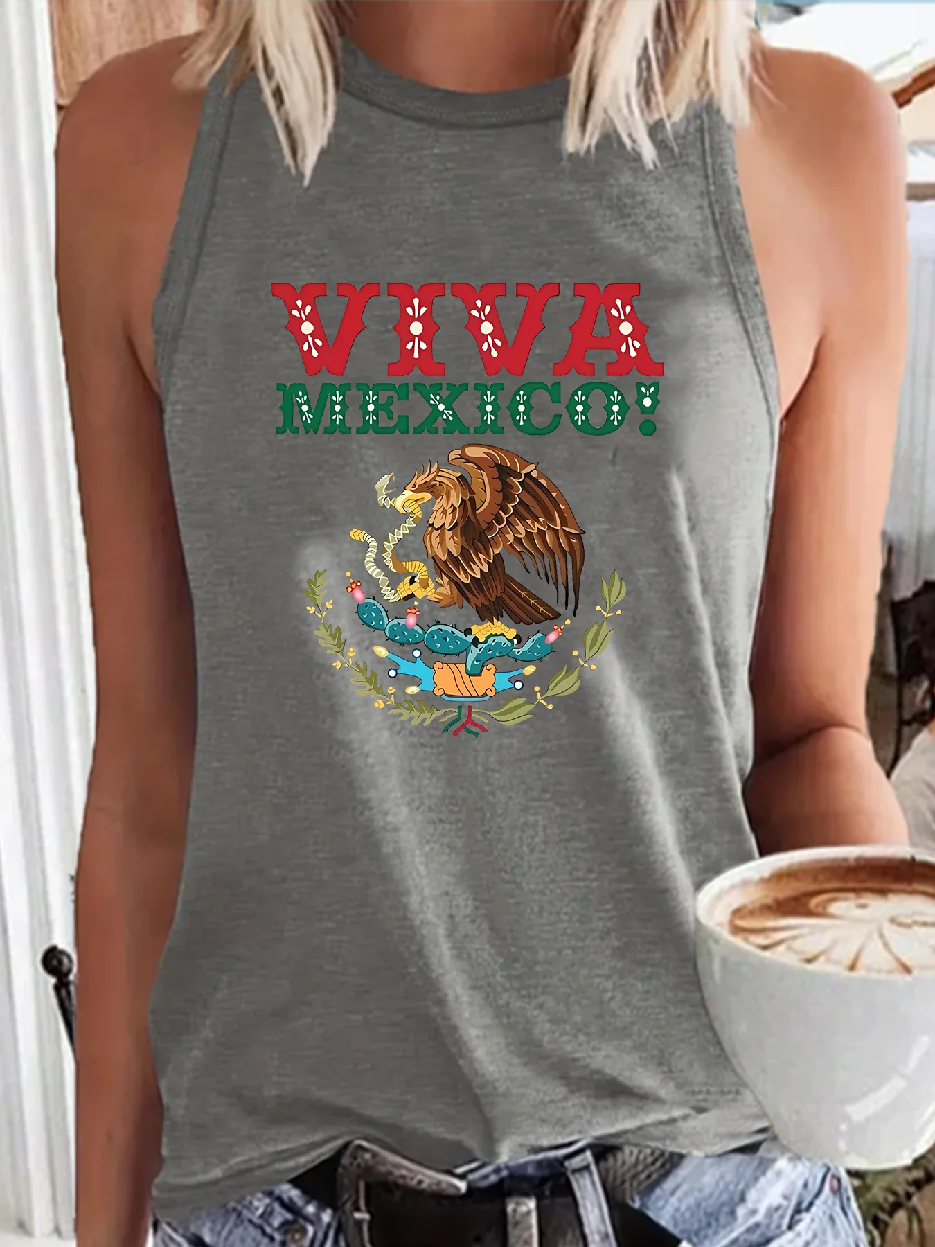 Viva Mexico Fierce Eagle Eats Snake  Cactus Fruit Fashion Funny Sports Women's Tank Top Loose O Neck Sleeveless Casual Tank Top