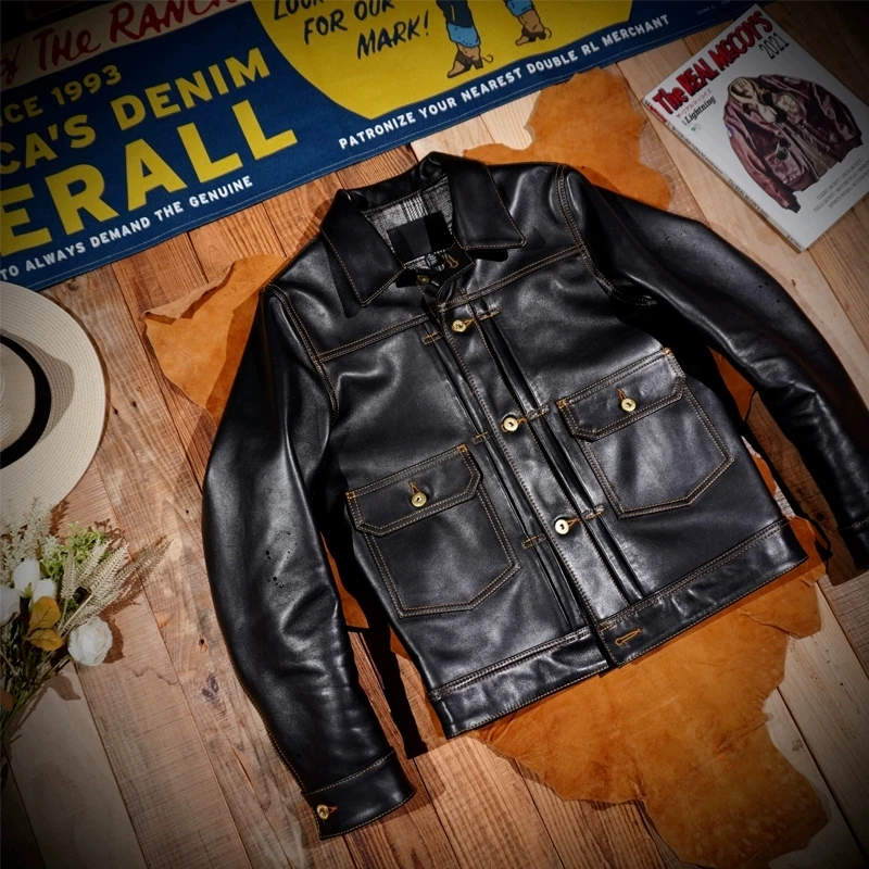 LKC828 Asian Size Men's Slim Vintage Genuine Italian Tuscany Cow Leather Wool Lining Storm Rider Jacket