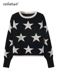 Suéter de manga larga con cuello redondo para mujer, Jersey de punto con estrellas, informal, C-147, garantía de calidad, Otoño e Invierno