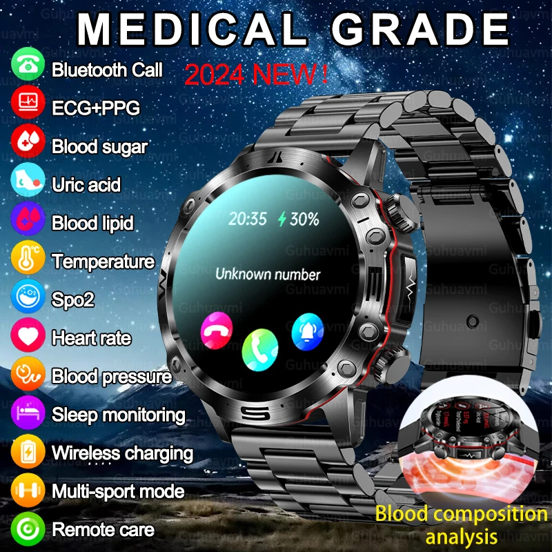 Reloj inteligente con diagnóstico médico AI 2024, llamada Bluetooth, azúcar en sangre, lípidos en sangre, Monitor de ácido úrico, HRV ECG, reloj