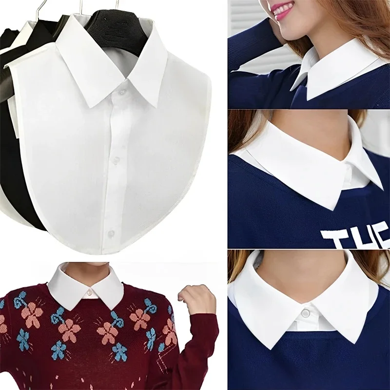 Femmes printemps automne couleur unie noir blanc Vertical petit col rabat chemise polyvalente pull mode faux col