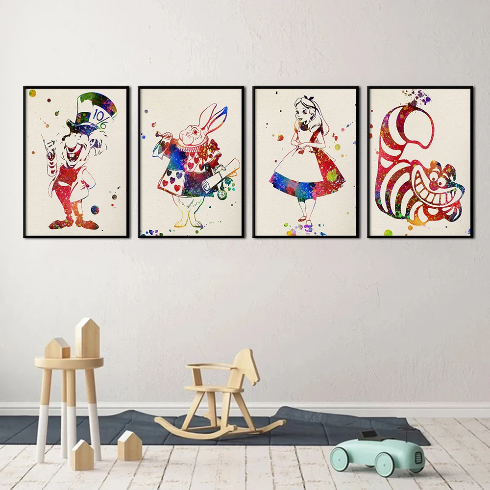 Alice in Wonderland Linen Watercolor Painting Abstract Wall Art Canvas Poster Print Kids Living Room Home Decor Pictures Cuadros