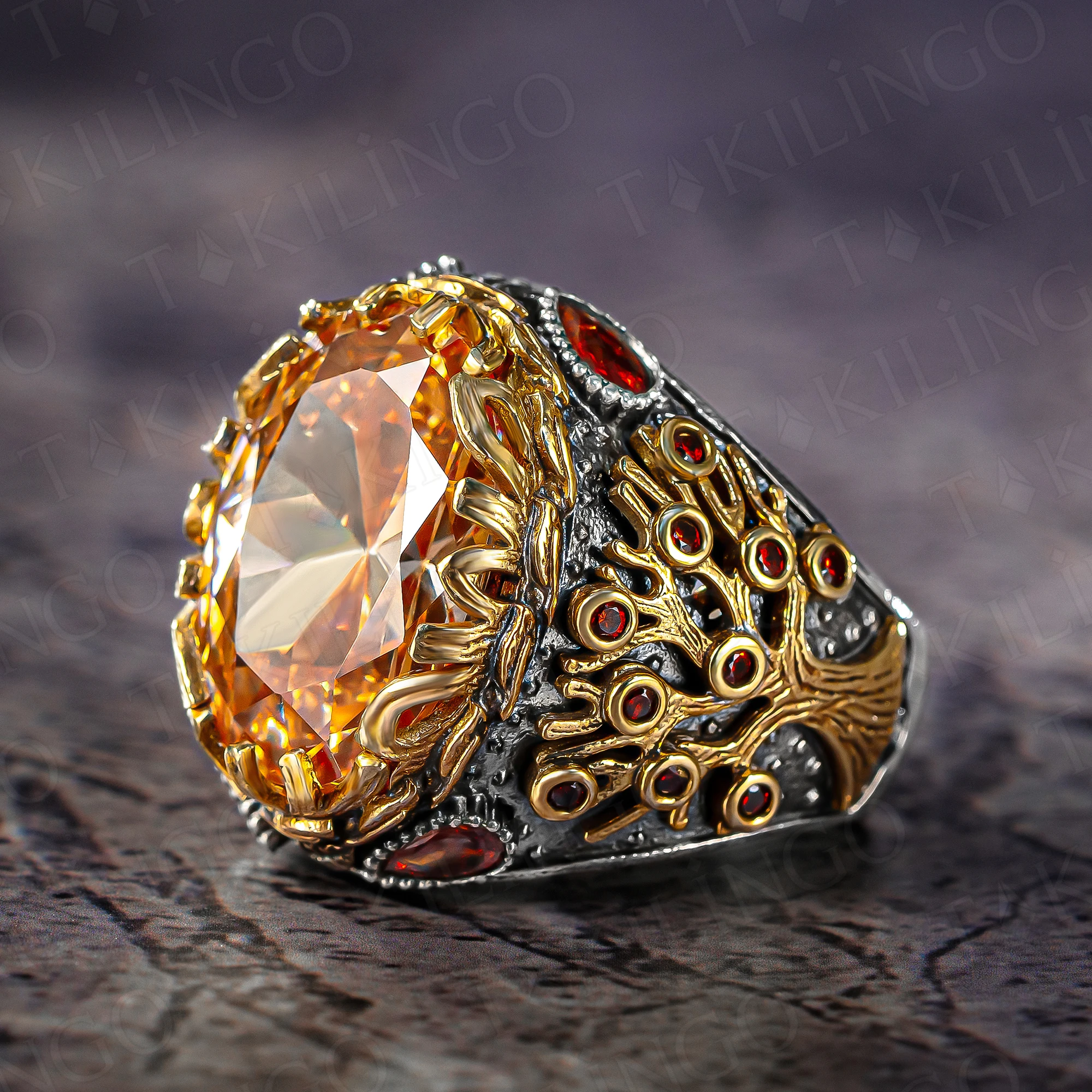 925 Sterling Silver Orange Citrine Stone Turkish Handmade Men\'s Ring Tree Life Motif Ring