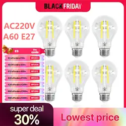 Retro Edison Filament Bulb E27 A60 220V 2700K Warm White 690LM Vintage Led Lamp Non-Dimmable 6Pacs Indoor Outdoor Light