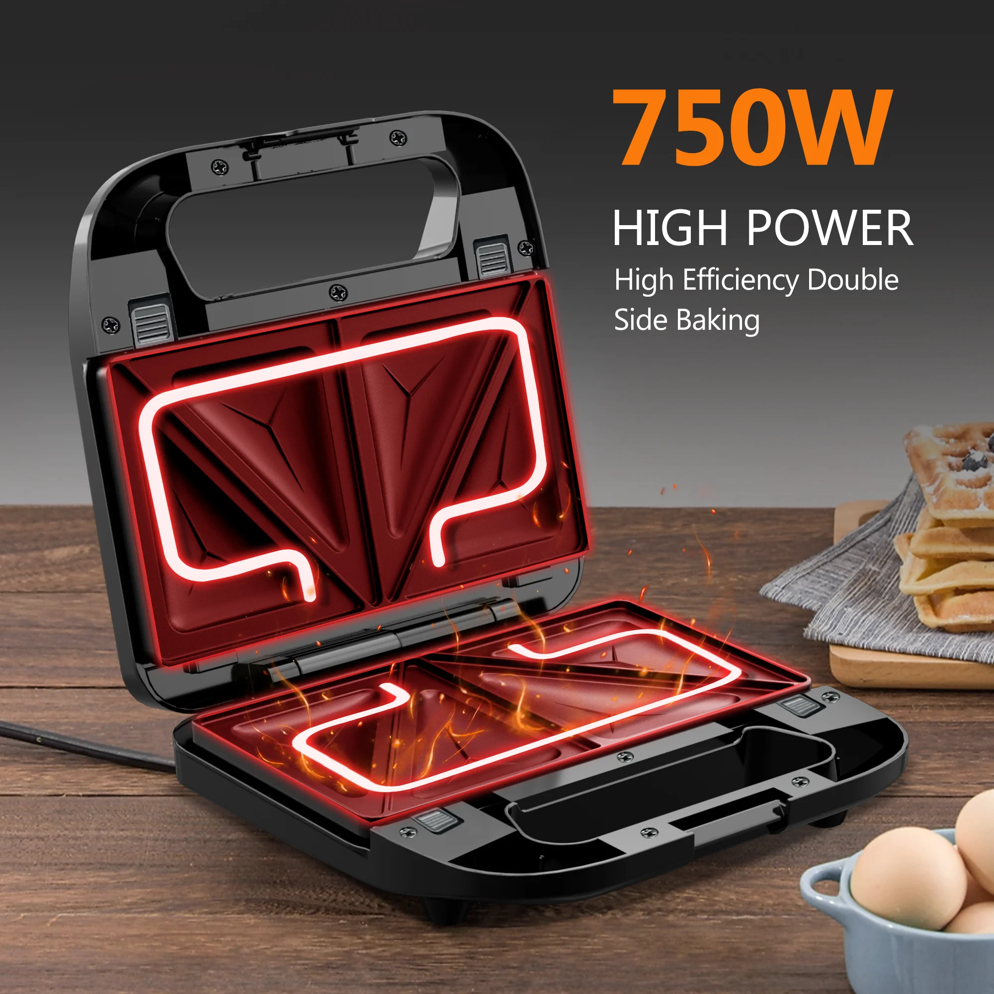 2 in 1 Waffle Maker & Sandwich Maker with Non-stick Coating Plate, Easy to Clean, 750W Heating Up Fast