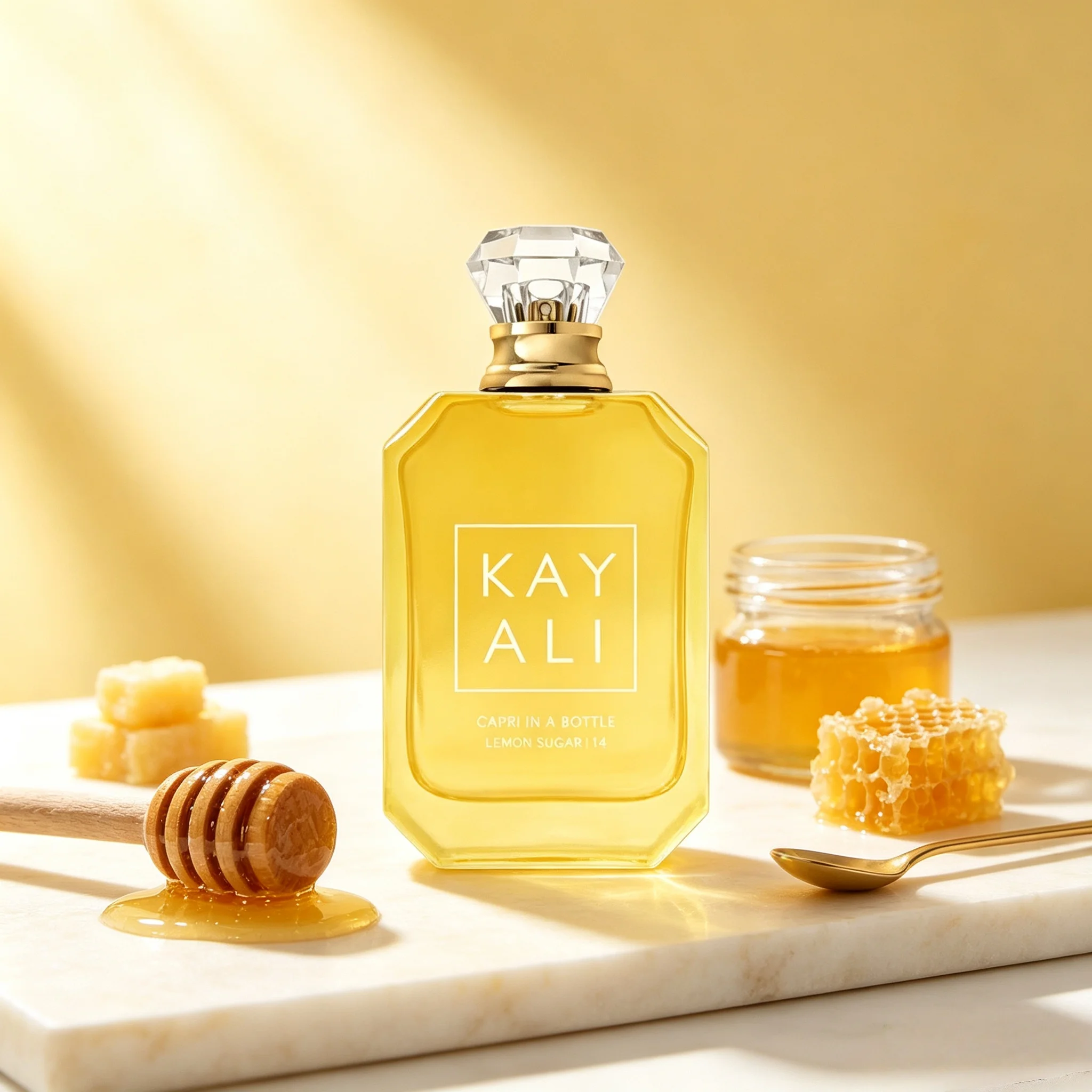 Kayali-14 Capri In A Bottle Lemon Sugar Fruity Perfume Crystal Diamond Cap Golden Yellow Bottle Long Lasting Holiday Gift for Valentine Birthday Wedding view 4