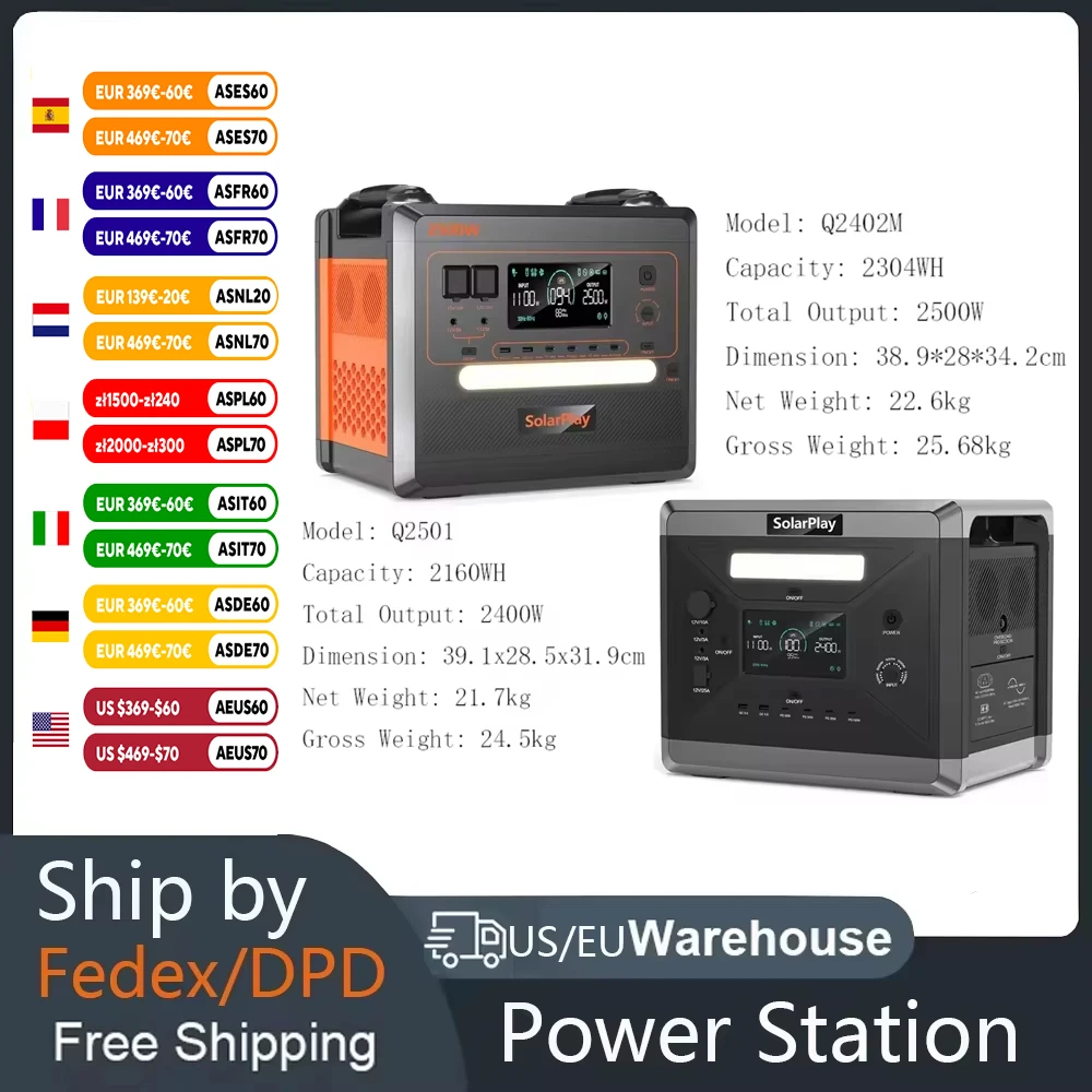 SOLARPLAY Q2501 Q2402M Portable Power Station 2160WH 2304WH LiFePO4 Battery with 2400W/2500W (4800W Peak) Solar Generator