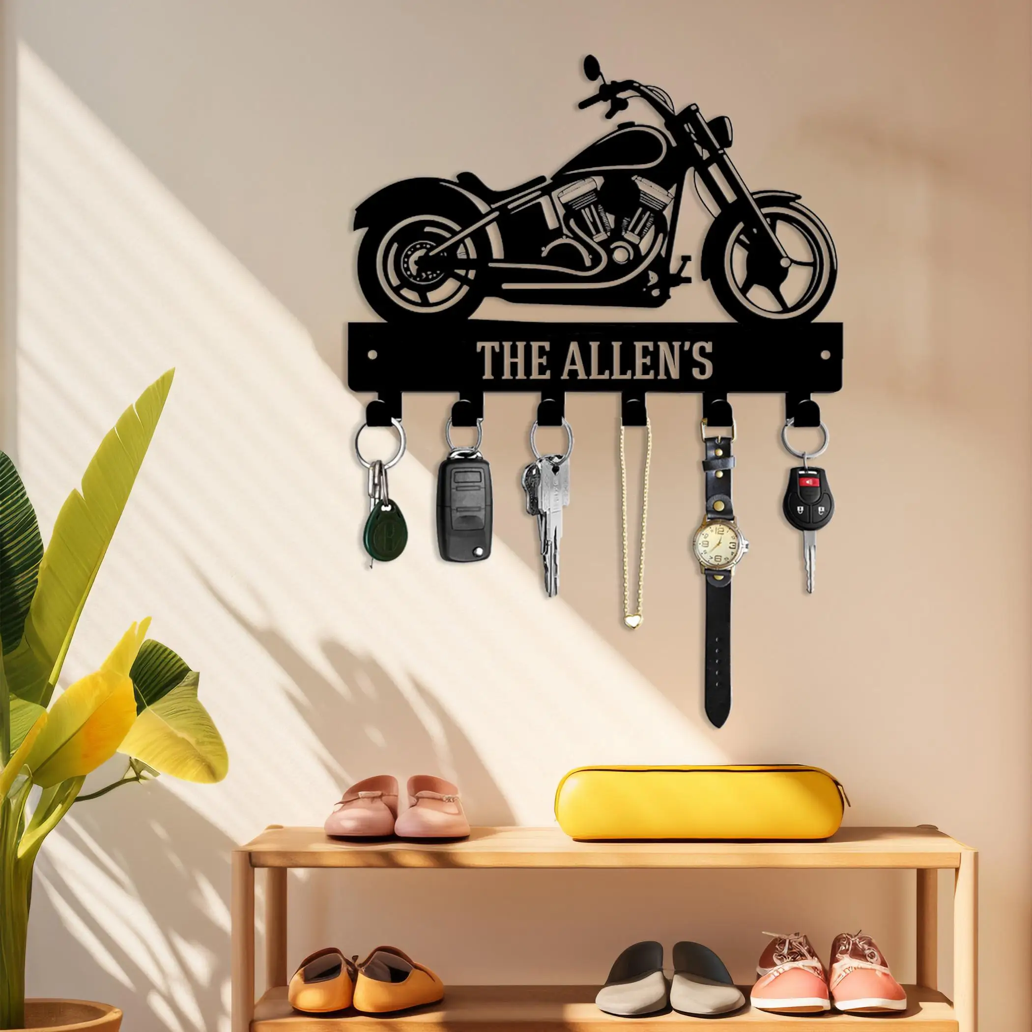 

Motorcycle Key Holder, Wall-Mounted Metal Organizer with Bike Silhouette & Hooks for Entryway or Rider-Themed Display, Metal Key