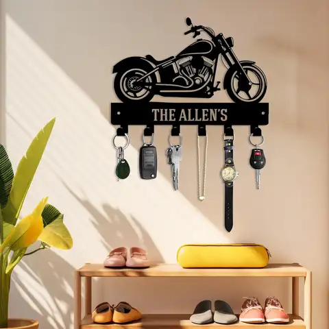 Motorcycle Key Holder, Wall-Mounted Metal Organizer with Bike Silhouette & Hooks for Entryway or Rider-Themed Display, Metal Key