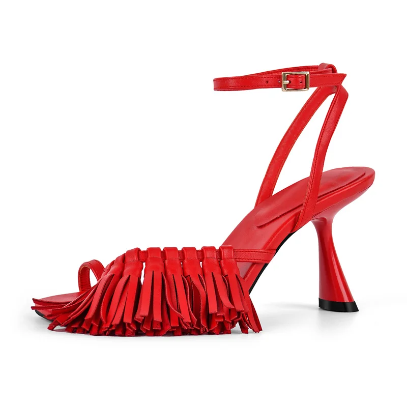 Onlymaker Women Open Toe Tassel Trim Curved High Heel Sandals High Heel Buckle Ankle Straps Stiletto Party Sandals image 2